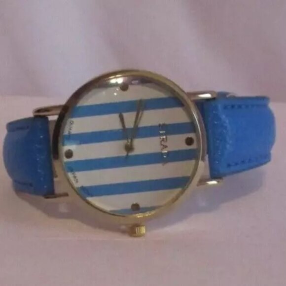 STRADA Watch Stripe Faux Leather Band Stainles Steel Blue Original Box - Picture 2 of 5
